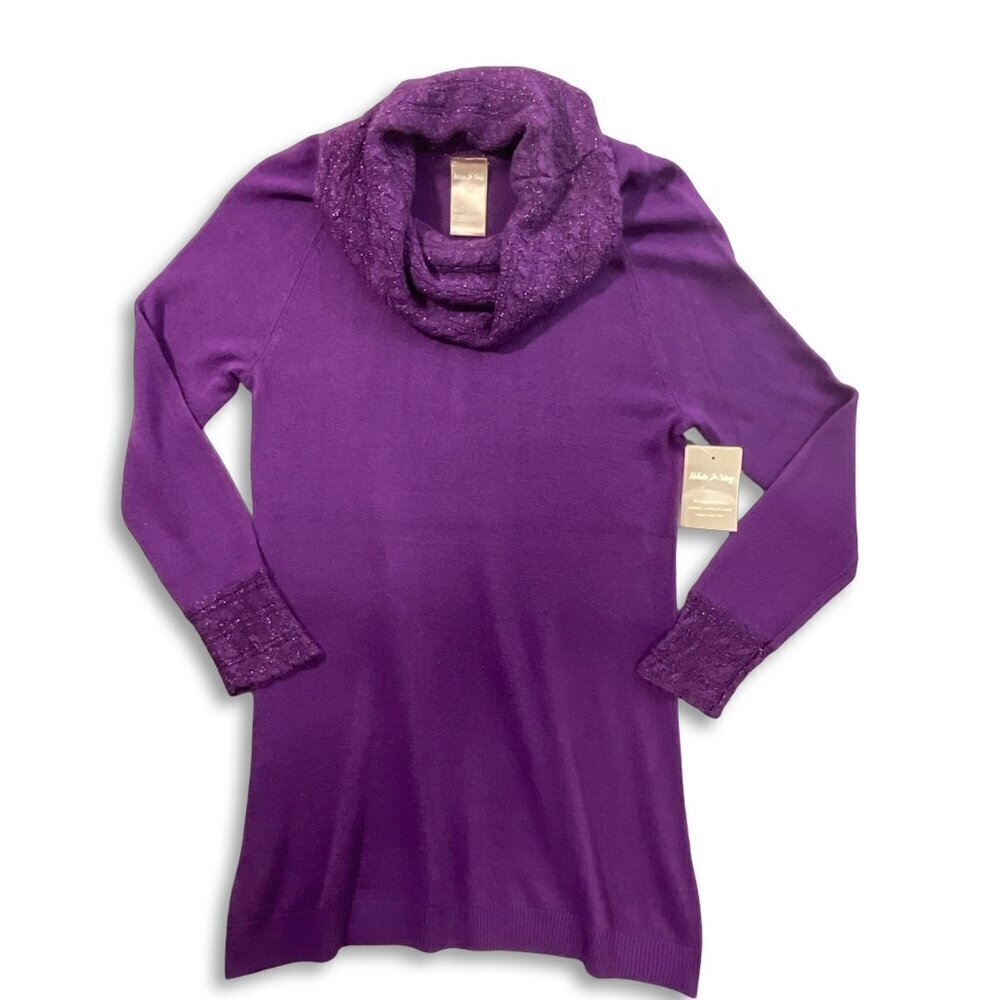 NWT White Stag Y2K Purple Cowl Neck Long Sweater‎ Women S 4/6 Metallic Knit Trim